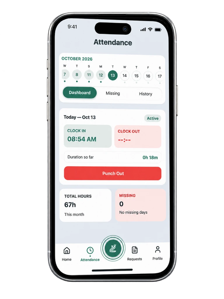 LevantHR employee attendance on a phone