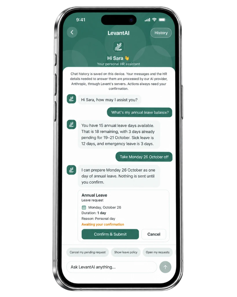 LevantAI on a phone, answering a leave question and preparing a request for confirmation